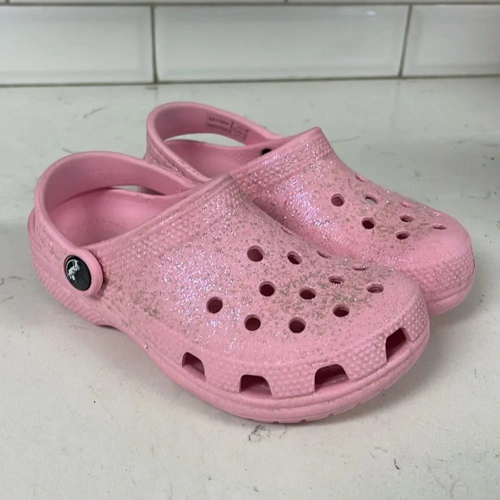 CROCS Unisex-Child Classic Glitter Clogs Kids Sparkly Flamingo Pink Size 12